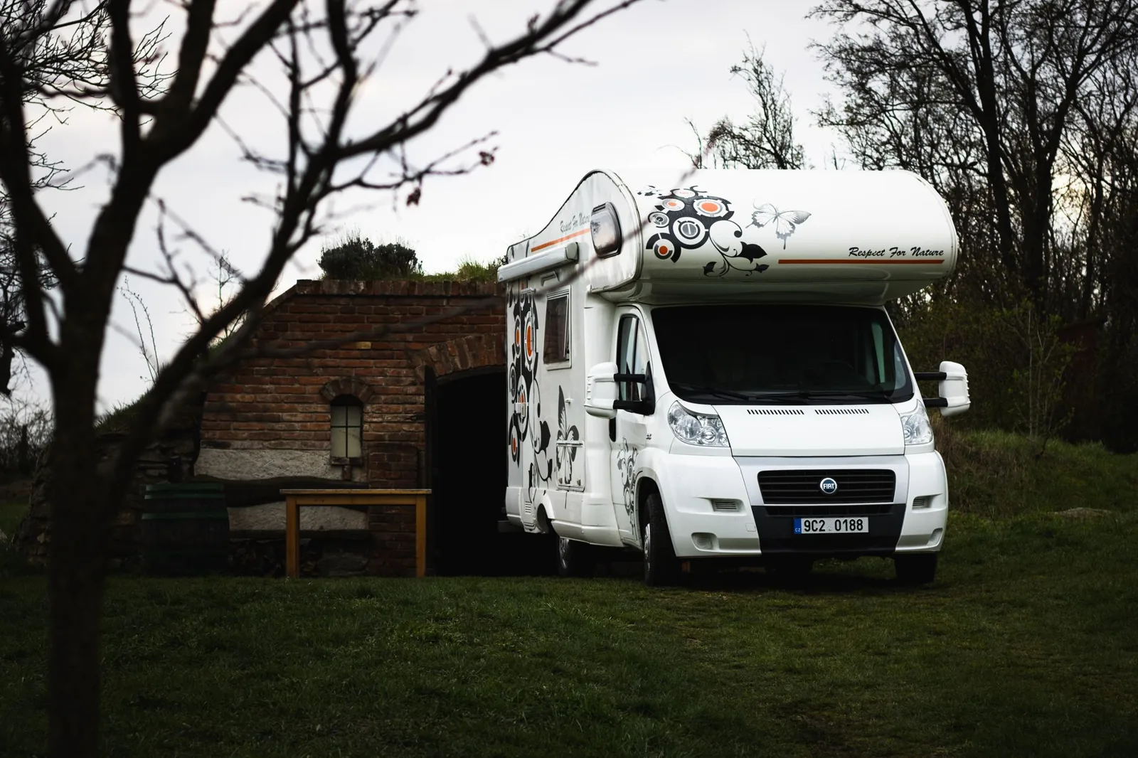 How much does it cost to rent an rv - a Class C motorhome parked at a scenic campsite