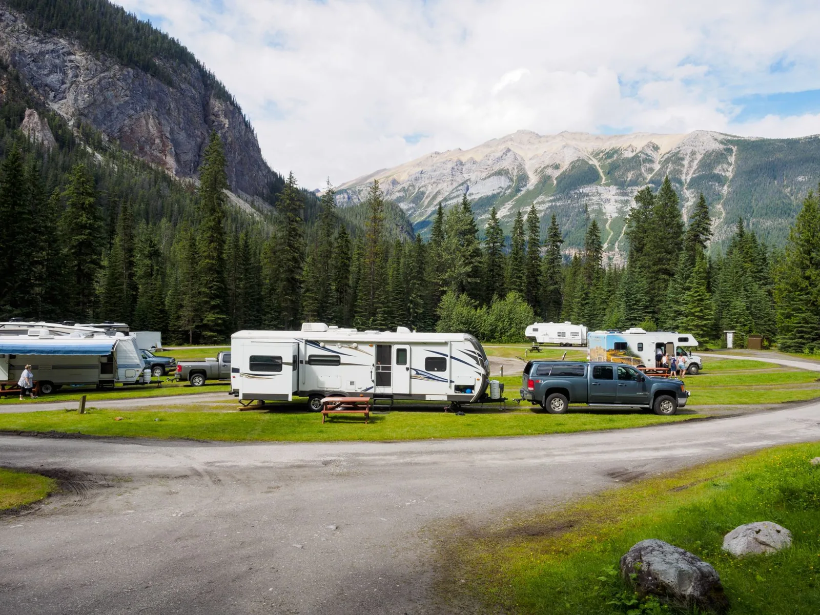 rv rental vs buying: a rented Class C motorhome parked at a scenic campground