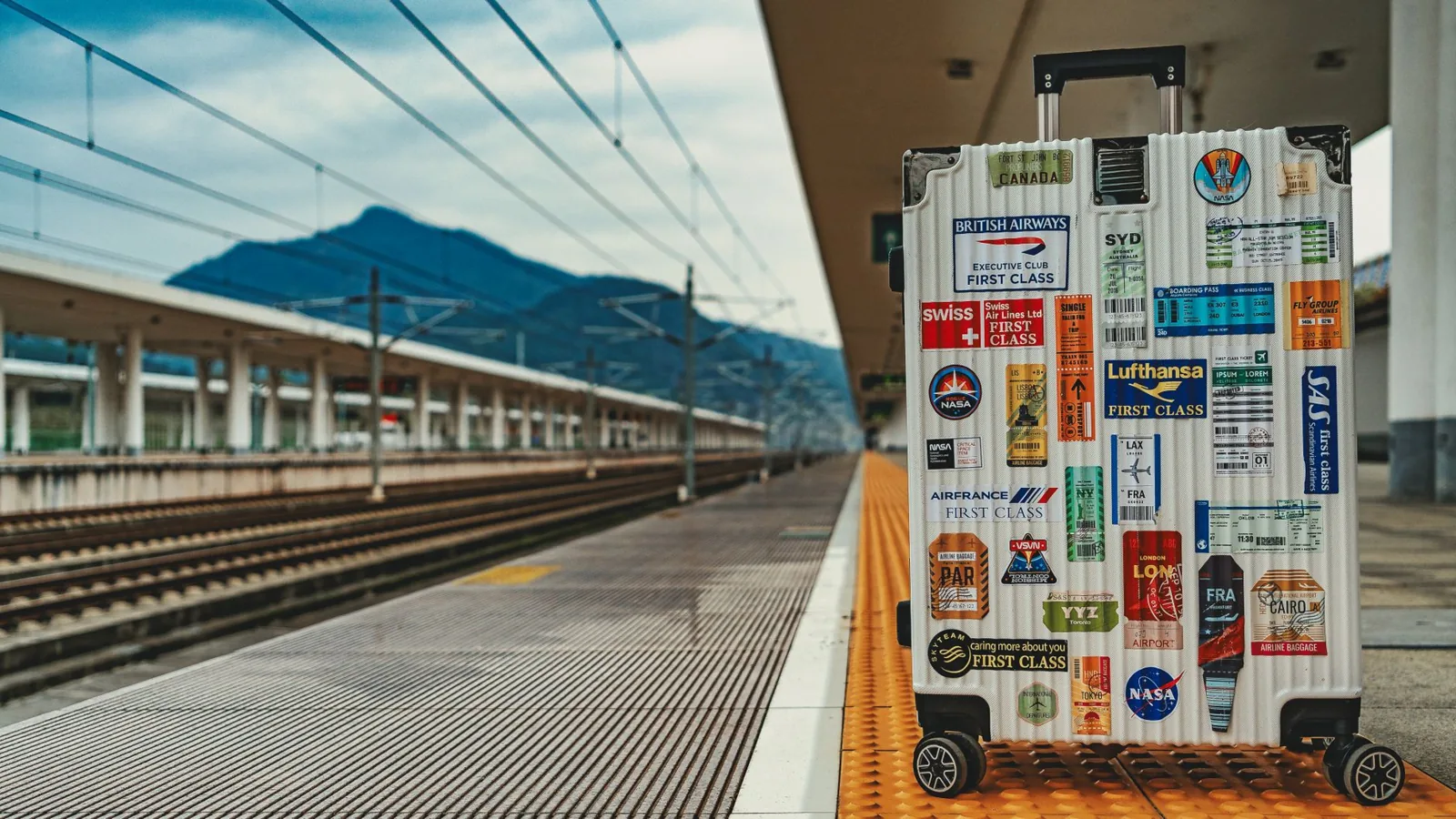 large checked suitcase on a luggage scale